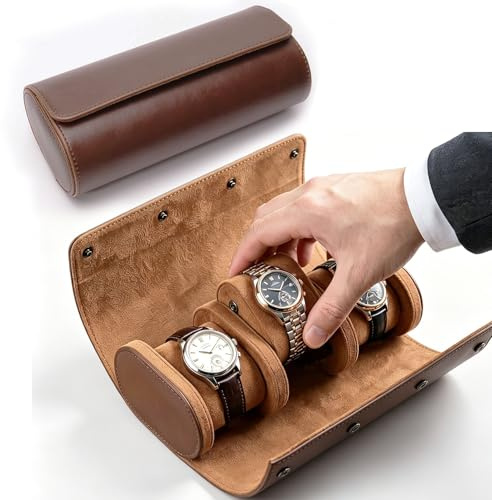 ronoai 3 Slot Watch Roll Case, Retro PU Leather Watch Travel Organizer with Detachable Velvet Pillows, Portable Watch Display Storage Box for Men (Brown)