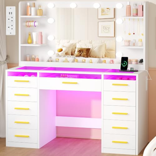 YUNSCEND Dressing Table with Mirror & RGB Light,Glass Top 11 Drawers,White