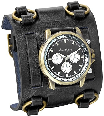 JewelryWe Herren Armbanduhr, Analog Quarzuhr, 30M Wasserdicht Elegant Casual Sport Uhr mit Breit Leder Armband und Runde Zifferblatt, 4 Verschiedene Modellen