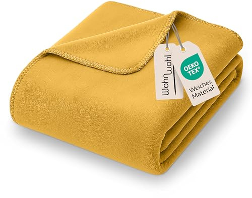 WOHNWOHL® Coperta morbida in cotone (150x200cm) • Plaid morbida multiuso • Coperta Divano, Letto, da Relax • Copriletto caldo • Certificata Oeko-Tex • Colore: Giallo