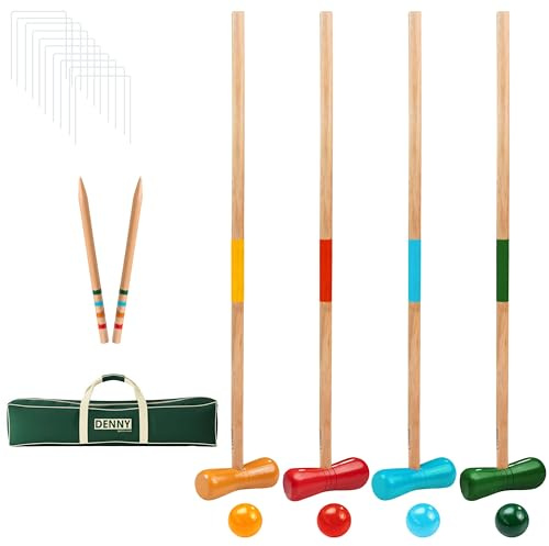 Crystals Traditional Garden Wooden Mallet Balls 4 Player Croquet Game Set for Great Outdoor Fun
