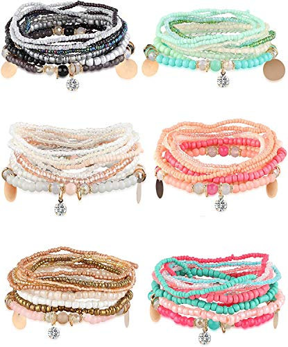 YADOCA 6 Sets Böhmische Stretch Perlen Armbänder für Frauen Mädchen Mehrreihiges Beads Armband Stapelbar Armband Set Multicolor Schmuck