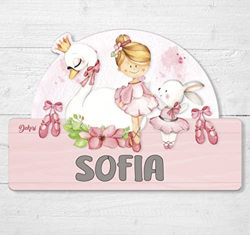 DEKORI Targhetta personalizzabile con nome per la porta, decorazione da parete in legno, sfiziosa idea regalo battesimo Comunione compleanno (Ballerina)