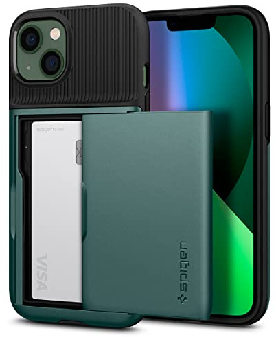Spigen iPhone 13 Hülle Slim Armor CS -Midnight Green | Eingebautes Kartenfach, Military-Grade Schutz