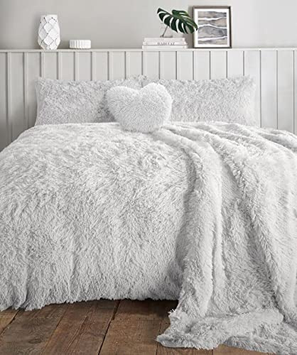 NIGHTZONE Teddy Bear Fleece Long Fur Cuddles Alaska Luxury Duvet Cover Set Warm Cosy Soft Teddy Bedding Set (White, Super King)