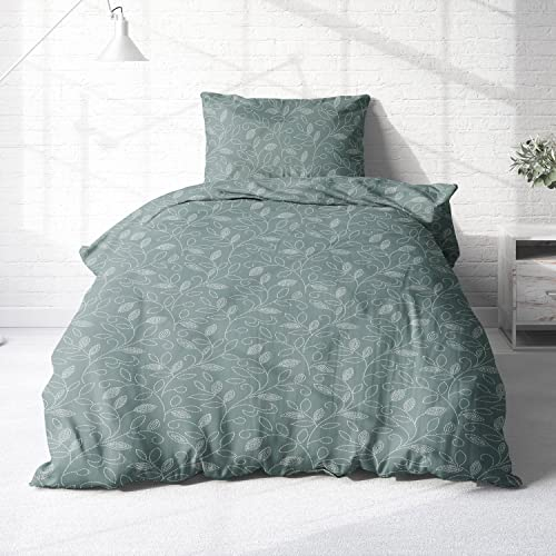 Träumschön Biber Bettwäsche Set 2tlg 135 x 200 cm Grün – Blumen Ranken Design – Flauschige Winterbettwäsche - Bettbezug + Kissenbezug 80x80 cm - 100% Baumwolle