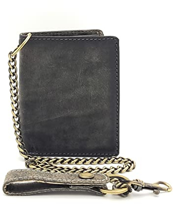 Lemasi Portefeuille de motard avec chaîne en cuir de vachette naturel avec protection RFID, motif tête de mort, gris neutre, m, Contemporain