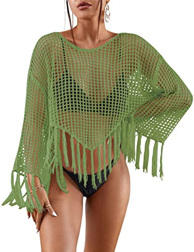 Bsubseach Camisa Corta de Punto Recortado con Borlas Cubierta Bañador Crochet Cover Up de Playa para Mujer Verde
