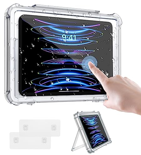 MoKo Tablet Halterung für Tablets bis 11, Wasserdicht Tablet Ständer für iPad 10/Pro 11 2022, 360° Drehung Beschlagfrei Wandhalterung Ständer mit 2 Wandaufklebern für Dusche Badezimmer Küche, Klar