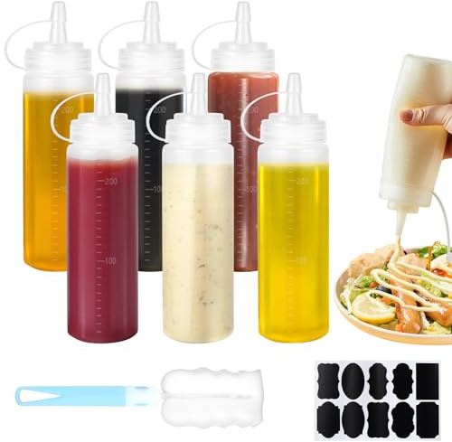 CoKeeSun 6 Pezzi Bottiglia Squeeze di Plastica, 250ml Squeeze Bottle, Riutilizzabili Flacone Dosatore con Tappi, Condimento Dispenser con Spazzola di Pulizia, per Ketchup, Senape, Olio d'oliva, Mayo
