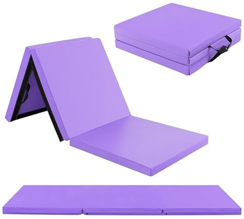 GOPLUS Tapis de Gymnastique Epais Pliable, 180x60x5 CM, 3 Plis&Poignée de Transporter, Tapis Gym avec Surface en Pu, Crochet et Fermeture Auto-agrippante Combinaisonable, pour Enfant, Adulte (Violet)