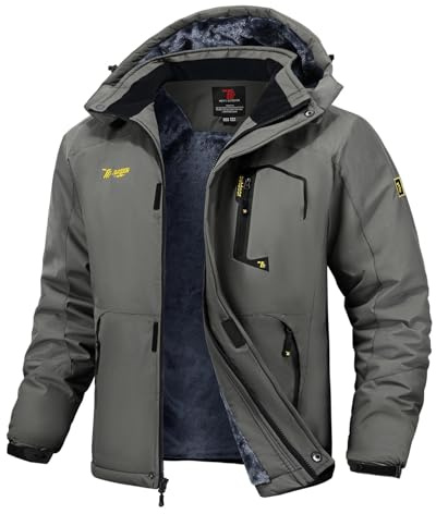 Rdruko Veste de ski pour homme - Veste d'hiver chaude doublée - Veste softshell épaisse - Imperméable - Veste de snowboard respirante - Veste fonctionnelle avec capuche amovible, gris moyen, XS