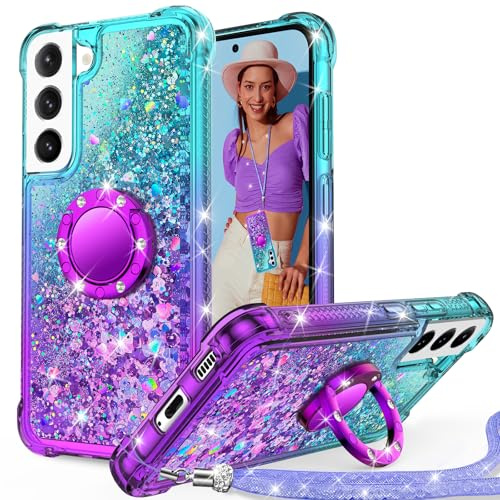 Unlicaku für Samsung Galaxy S21 FE Hülle mit Band, Handyhülle Ring Ständer Frauen Mädchen Bling Luxus Sparkle Glitter Flüssigkeit Schutzhülle für Samsung S21 FE Case, Lila