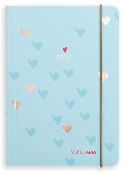 Matilda Moo Terminplaner 2025, A6, Tagesansicht, Gummibandverschluss, Softack-Einband, 80 g/m² Papier, rotgoldene Details, Blau