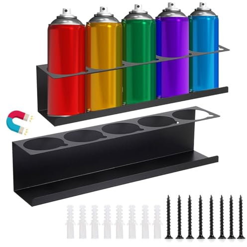 Kokone Spray Bottle Holder 2 Pcs Magnetic Spray Can Holder with Notch Cutout 5 Holes Wall Mounted Metal Aerosol Can Holder Organizer Black Spray Paint Rack for Garage,Workspace,Tool Cart,Trailers