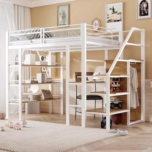 Dolamaní Metall Hochbett 140x200 cm für Erwachsene und Jugendliche, mit Regal, Schreibtisch, Kleider Schrank, Treppe mit Ablagefach, Hohes Netz-Rausfallschutz Design, Doppelbett, Weiß