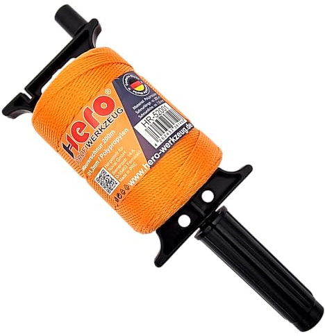 HERO Maurerschnur 200 Meter Pflasterschnur Abroller Lotschnur mit Kurbel Schnur Reißfeste Bauschnur Fliesenschnur Markierungschnur Richtschnur Verlegeschnur Maurerseil Polypropylen Seil 1,2mm Orange