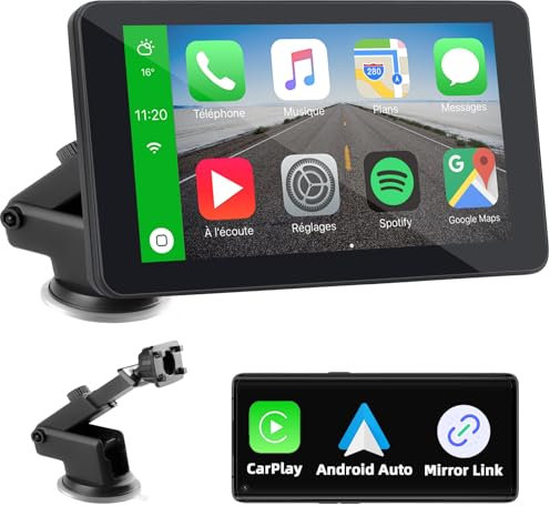 Wireless Carplay Display mit A-pple Carplay & Android Auto, 7 Zoll Tragbares Autoradio mit Bildschirm, Navigationsgeräte für Auto mit Bluetooth, Mirror Link, Voice Control, Navigation, FM, AUX
