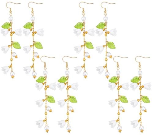 UNICRAFTALE about 4Pair Dangle Flower Leaf Earring White Fairy Flower Earrings for Women Stainless Steel Dangling Long Tassel Earrings Lily Of The Valley Earrings Floral Earrings Jewelry