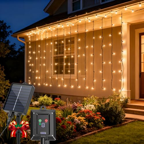 Aigostar Cortina de Luces Solar, 1m×1m 100LED Guirnalda Luces Navidad Exterior y Interior, 8 Modos, IP65 Impermeable para Habitacion (Blanco Cálido)