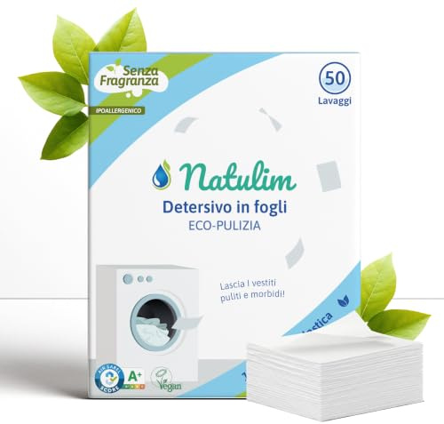 Natulim - Feuilles Lessive 50 Lavages - Sans produits chimiques - Convient aux peaux sensibles - Zéro Déchet et Sans Plastiques - Se dissout même à basse température - Sans Parfum