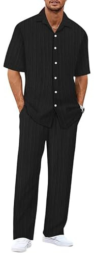 Oanviso Sommer Outfit Herren Zweiteiler Leichter Dünner Freizeitanzug Sommeranzug Regular Fit Freizeit Kurzarm Hemd und Lange Hose Set Strand Kleidung Stoff Jogginganzug Schwarz M