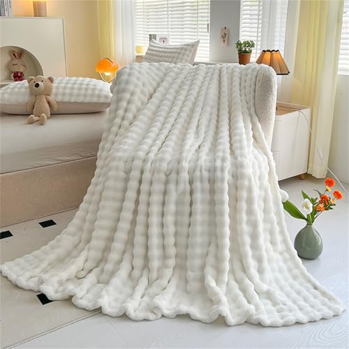 LINGKY Kuscheldecke Milchsamt Bubble Decke Super Soft Wohndecke Dick 450 G/M² Flanell Decke Couchdecke Warme Überwurfdecke Sofadecke Vielseitig Blanket Für Bett Sofa Schlafzimmer Büro Weiß 160x200cm