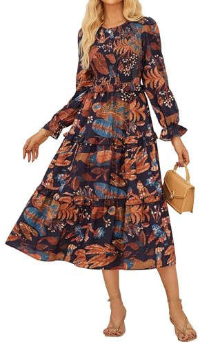 GRACE KARIN Women's Autumn Dress Long Sleeve Beach Dresses Loose Round Neck Midi Dress with Light and Airy CL146-01 XL Navy Blue