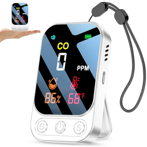 Upgraded YOJOCK Portable 3-in-1 Carbon Monoxide Detector, Rechargeable CO Detector with Temperature & Humidity, 1+ Week Battery Life, Loud Audible & Visual Alarm for Home, Travel, RV & Camping (White)