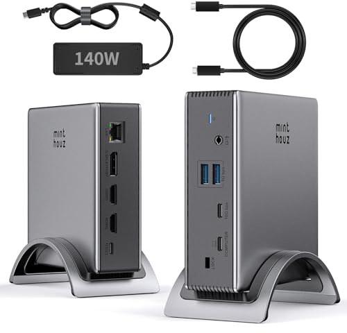 Minthouz USB-C Docking Station, PD3. 1 Docking Station, 3 Monitors with 4K@144Hz, 2×HDMI + DP, 140W PD Charge, USB-C 10Gbps, 2×USB-A 5Gbps, Gigabit Ethernet, Audio/Mic, for Chrome OS & Windows