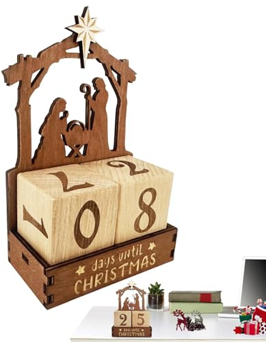 Nbbwwu Calendrier de l'Avent - 25 Jours Crèche de Noël en Bois - Ornement de Table Nativité pour Décoration de Noël Salon Étagère Maison