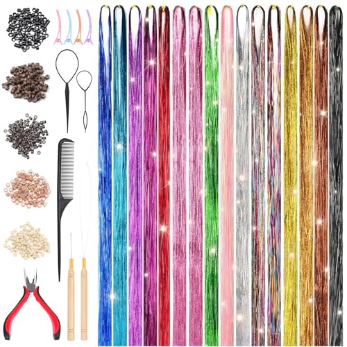 3200 Hair Tinsel, 16 Farben Haar Lametta Kit, 48 inch Hair Tinsel mit Werkzeugen, Glitzer Haarsträhnen zum Flechten Haar Lametta,Sparkle Tinsel Hair Extensions für Frauen Mädchen Kinder Cosplay