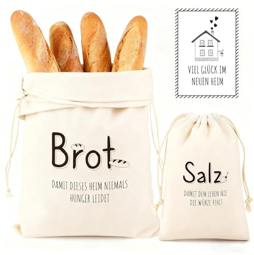 2 Stück, Brötchenko,Brot und Salz Geschenk zum Einzug Einzugsgeschenk mit Glückwunschkarte, Einweihungsgeschenk, Hauswarming,Umzug Brottasche Brotkorb aus Stoff für Freund Familie neue Nachbarn (Weiß)