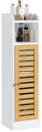 FORABAMB Badezimmerschrank, Toilettenschrank mit 2 offenen Fächern & Verstellbare Ablagen, Badschrank schmal mit Bambustür, Badregal für Badezimmer, Wohnzimmer, Küche, platzsparend, 20×20×80 cm, Weiß