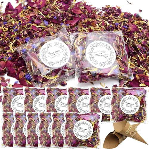 FSWWSF 12 Packungen Hochzeitskonfetti BlüTen Getrocknet mit 6 Papier Kegel | Streublumen Hochzeit für Hochzeitsparty Feiern e Geburtstag Party,Empfänge, Jubiläen, Gartenpartys