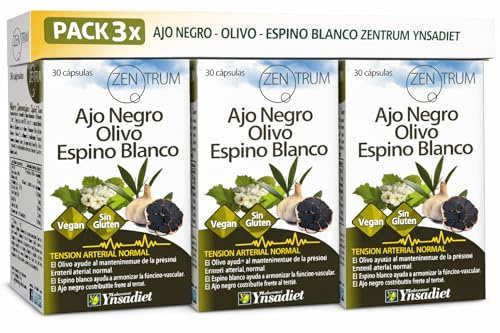 Pack 3 x Olivo Ajo Negro y Espino Zentrum Ynsa diet 30 cápsulas vegetales | Complemento para corazón y tensión normal | Con olivo, ajo negro envejecido y espino blanco, vegano y sin gluten