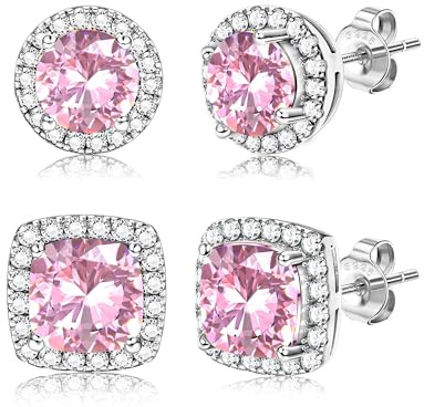 Dochais 2 Pares Pendientes Plata de ley 925 para Hombre Mujer Pendientes Diamante Zirconia Brillante Redondos Cuadrados Oro 14K Pendiente Hipoalergénicos Grandes para Hombres Mujeres Unisex Plata Rosa