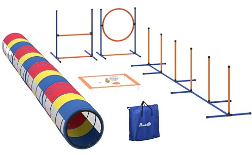 PawHut Dog Agility Training Equipment, 12-Piece Dog Obstacle Course with Adjustable Hurdle & Ring, 4 Tunnels, Weave Poles, Pause Box, Treat Bag, Bowl and Carrying Bag for Indoor Outdoor Use