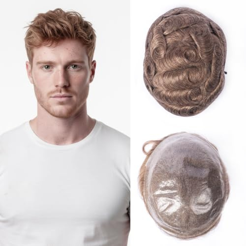 Men's Human Hair Toupee,8 X 10 Inch,120% Density Real Human Hair Piece, Thin Skin Base, Hair Replacement System For Men (#18 Medium Blonde)
