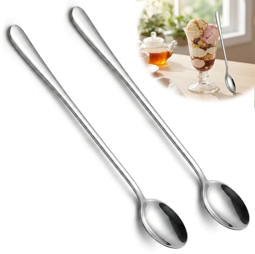 Latte Spoons, Set of 2 Stainless Steel Long Handle Teaspoons Coffee Spoons for Coffee Espresso Iced Tea Dessert and Ice Cream Sundae Cool Drinking, 20cm/7.8 inch Mixing Stirring Spoons Silver