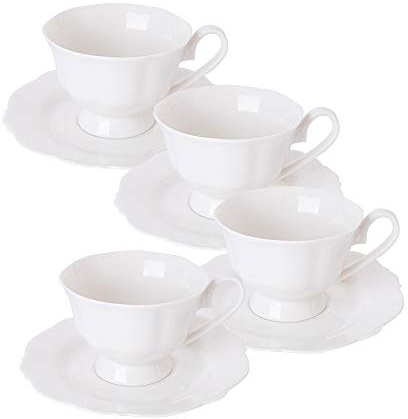 PULCHRITUDIE Fine China White Coffee Teacup and Saucer Sets, Set of Four