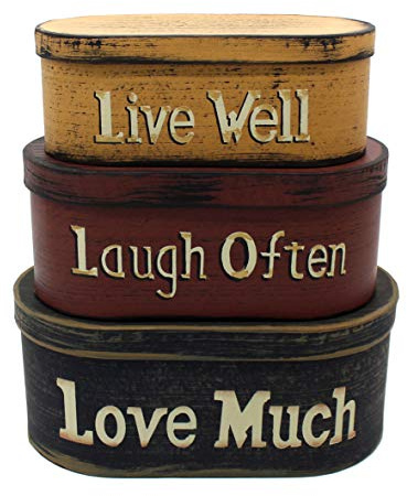 CVHOMEDECO. Primitifs Vintage Boîtes gigognes ovales “Live Well, Laugh Often, Love Much” en carton, Large 24,7 x 14 x 10 centimètre, Set of 3.