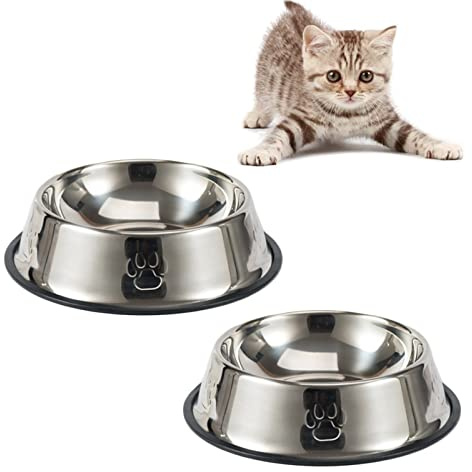 Kattmatningsskål, kattskålar, halkfria husdjursskålar i rostfritt stål, set med 2, kattskålar i metall lämpliga för kattvattenskål och matskål droppsäker och lätt att rengöra kattskålen