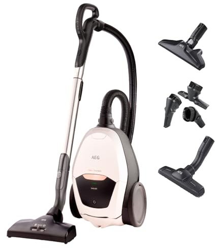 AEG VX82-1-ALR Staubsauger mit Beutel (Automatische Saugkraftregulierung, extrem leise auch auf Teppich, Aufnahme von großen + kleinsten Partikeln, langes Kabel, 55% Recyclingmaterial, 600W, weiß)