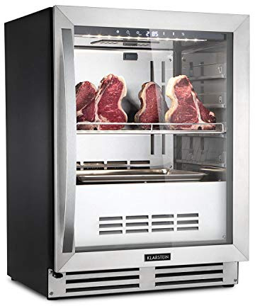 KLARSTEIN Steakhouse Frigorífico de Maduración Dry-Aged, Nevera 1 Zona con Puerta de Cristal, Interior y Exterior, Iluminación LED, Libre Instalación o Empotrable, Temperatura 1-25°C, 98 L