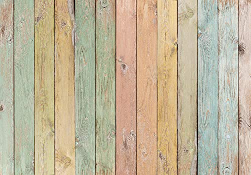 wandmotiv24 Fototapete Holz Wand pastell, XXL 400 x 280 cm - 8 Teile, Wanddeko, Wandbild, Wandtapete, Brett rosa orange gelb blau M6558
