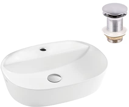 VBChome Waschbecken 50 x 38 cm Keramik Weiß Oval Pop-up ventil Click-Clack Waschtisch Handwaschbecken Aufsatzwaschbecken Waschschale Gäste WC