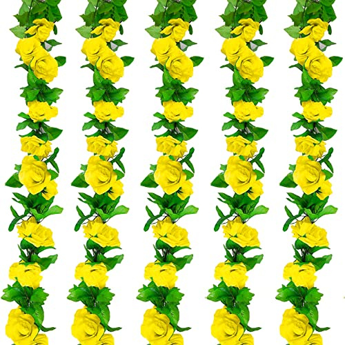 Huryfox Rose Ghirlanda Fiori Artificiali - 5 Pezzi Simulate Rosa Finta Giallo, Sospesa Vite di Fiori Finti per Matrimoni/Arco Preparativi Decorazione/Giardino/Interno Decorazioni Casa/Feste