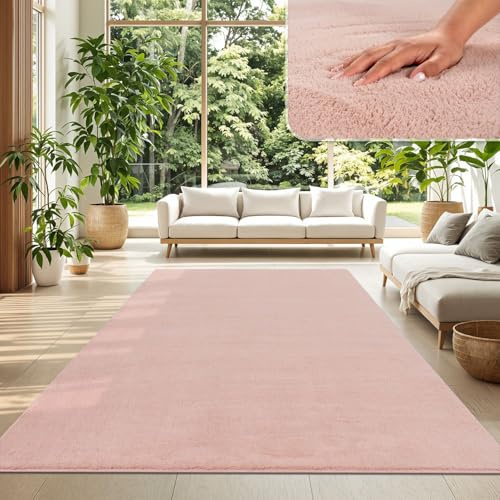 TT Home Wohnzimmer Teppich Kurzflor Anti-Rutsch Rückseite Unifarben Modern Waschbar, Farbe: Rose, Größe:300x400 cm