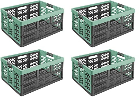 4 x stabil professionell hopfällbar låda 45 l – 54 x 37 x 28 cm – inköpslåda vikbar med mjuka handtag – stapelbar transportlåda, grön/grafit